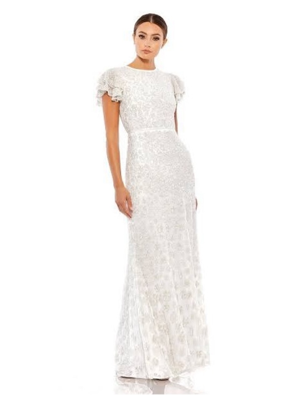 Mac Duggal Ivory Lace Maxi Dress with Flutter Sleeves